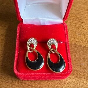 Vintage Gold w/Black Enamel and Crystal Earrings